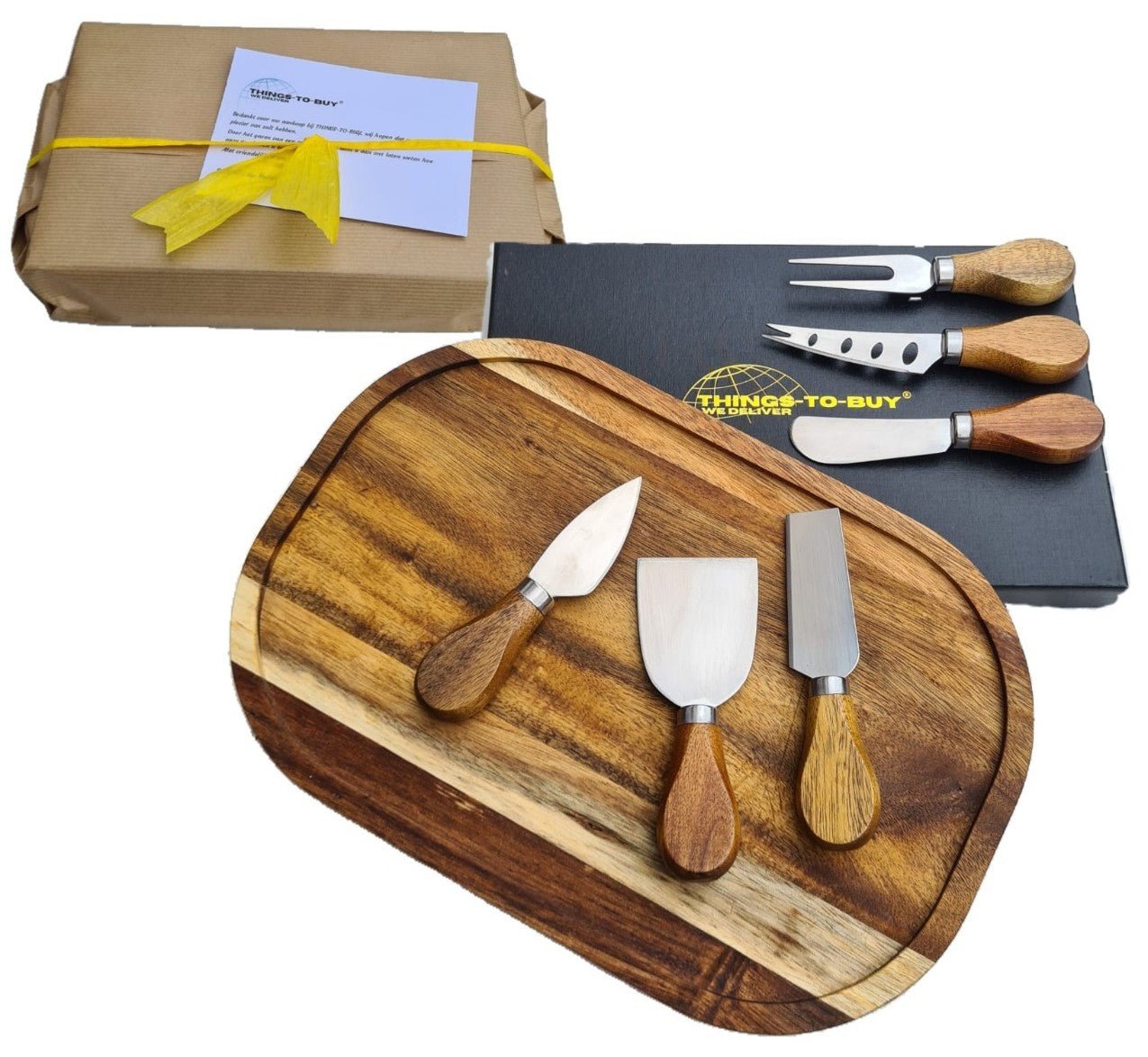 Cadeaupakket Kaas – serveerplank & 6 - delige kaasmesjes set - THINGS - TO - BUY - voor Sinterklaas en Kerst
