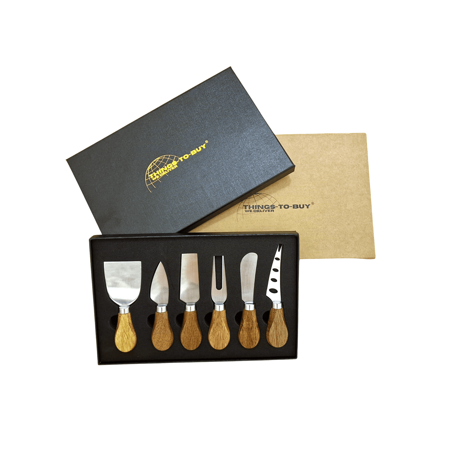 Kaasmesjes set 6-delig – RVS met houten handgreep – in luxe giftbox
