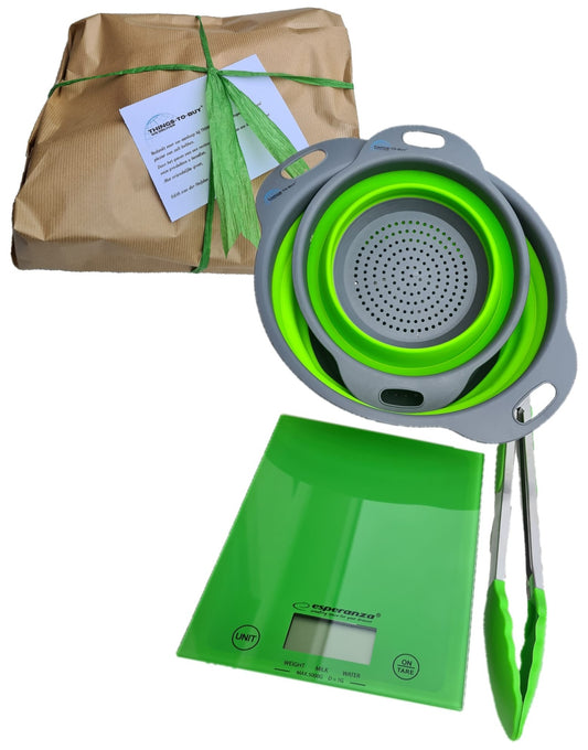 Cadeaupakket Groen – vergietset, keukentang & digitale keukenweegschaal - THINGS - TO - BUY - voor Sinterklaas en Kerst