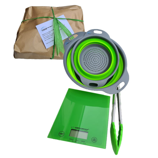 Cadeaupakket Groen – vergietset, keukentang & digitale keukenweegschaal - THINGS - TO - BUY