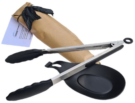 Cadeaupakket Zwart – siliconen keukentang & lepelsteun - THINGS - TO - BUY - voor Sinterklaas en Kerst