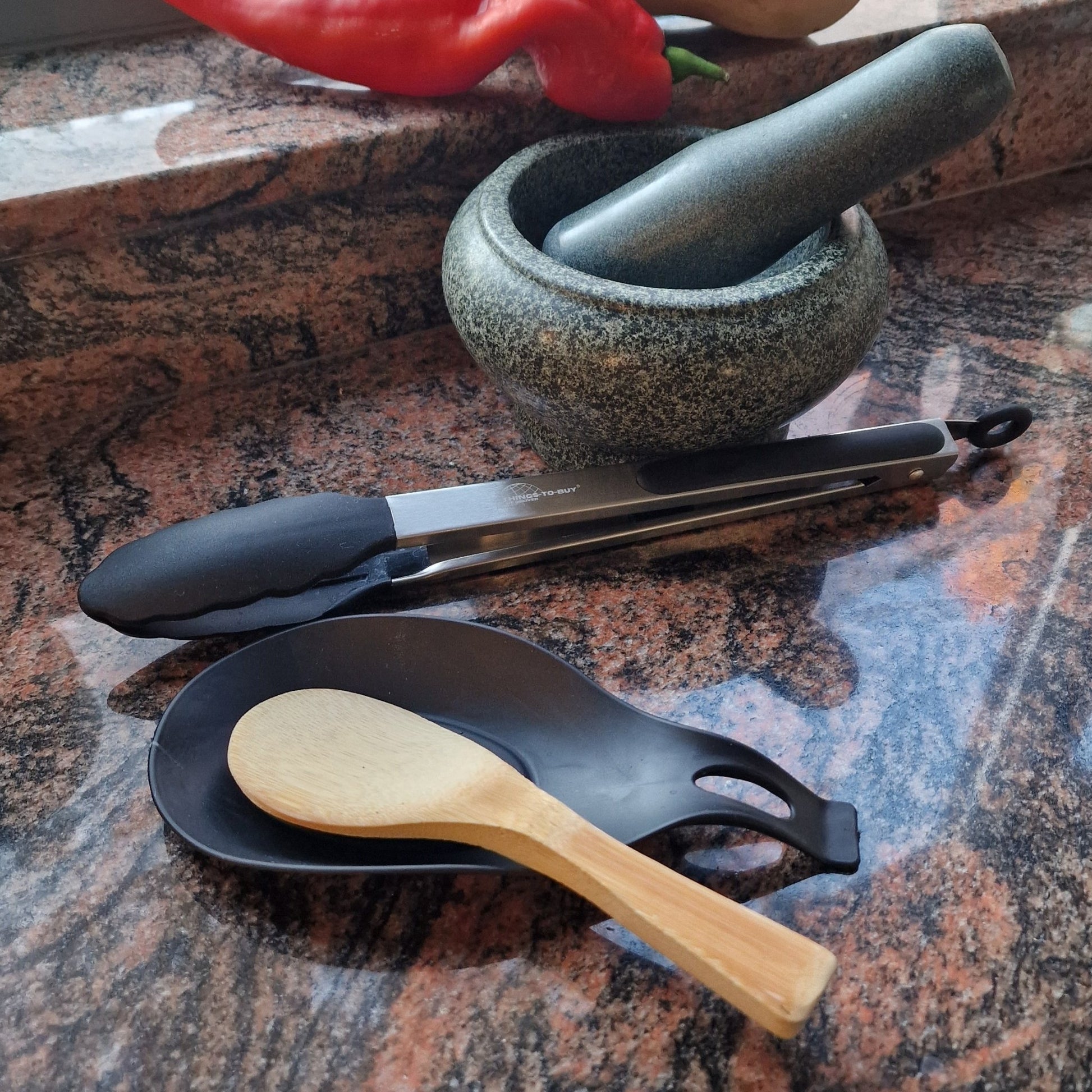 Cadeaupakket Zwart – siliconen keukentang & lepelsteun - THINGS - TO - BUY