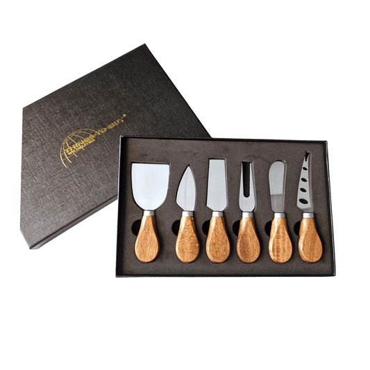 Kaasmesjes set 6-delig – RVS met houten handgreep – in luxe giftbox